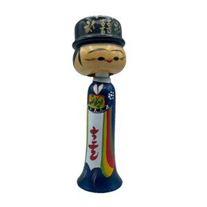Vintage Japanese Wood Kokeshi Bobblehead Turn Nodder Man Doll Handmade Folk Art